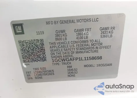 2020 Chevrolet Express Cargo Rwd 2500 Regular Wheelbase Wt из США, поврежденный, VIN 1GCWGAFP1L1158698